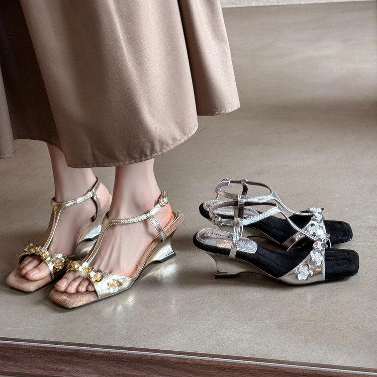Karin Luna Hot-Selling Sequin Floral Series ~  Square Toe Irregular Heel Square Toe Sandals