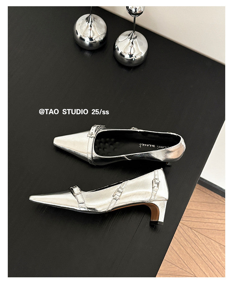 Karin Luna In Stock In Stock Retro Belt Buckle Small Square Toe Chunky Heel Single Shoes