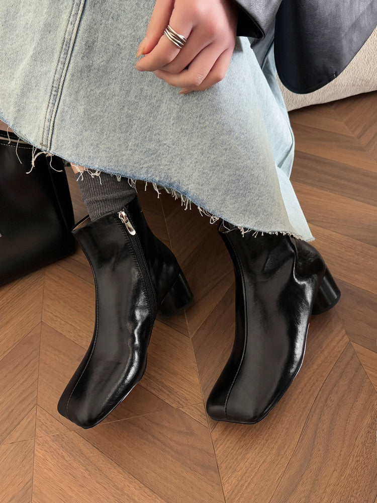 Karin Luna French Style Square Toe Chunky Heel Ankle Boots