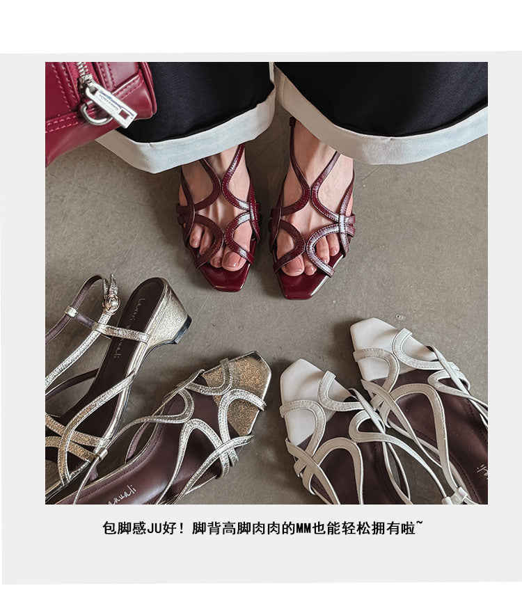 Karin Luna French Hollow Style Small Square Toe Chunky Heel Sandals