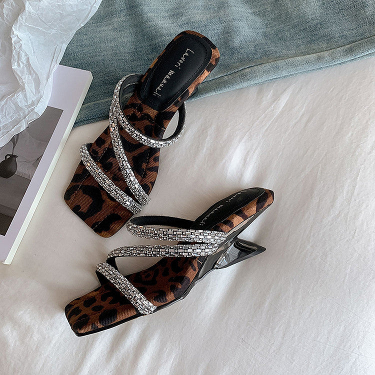 Karin Luna In Stock Spot Goods  Rhinestone One-Strap Irregular Heel Square-Toe Slippers