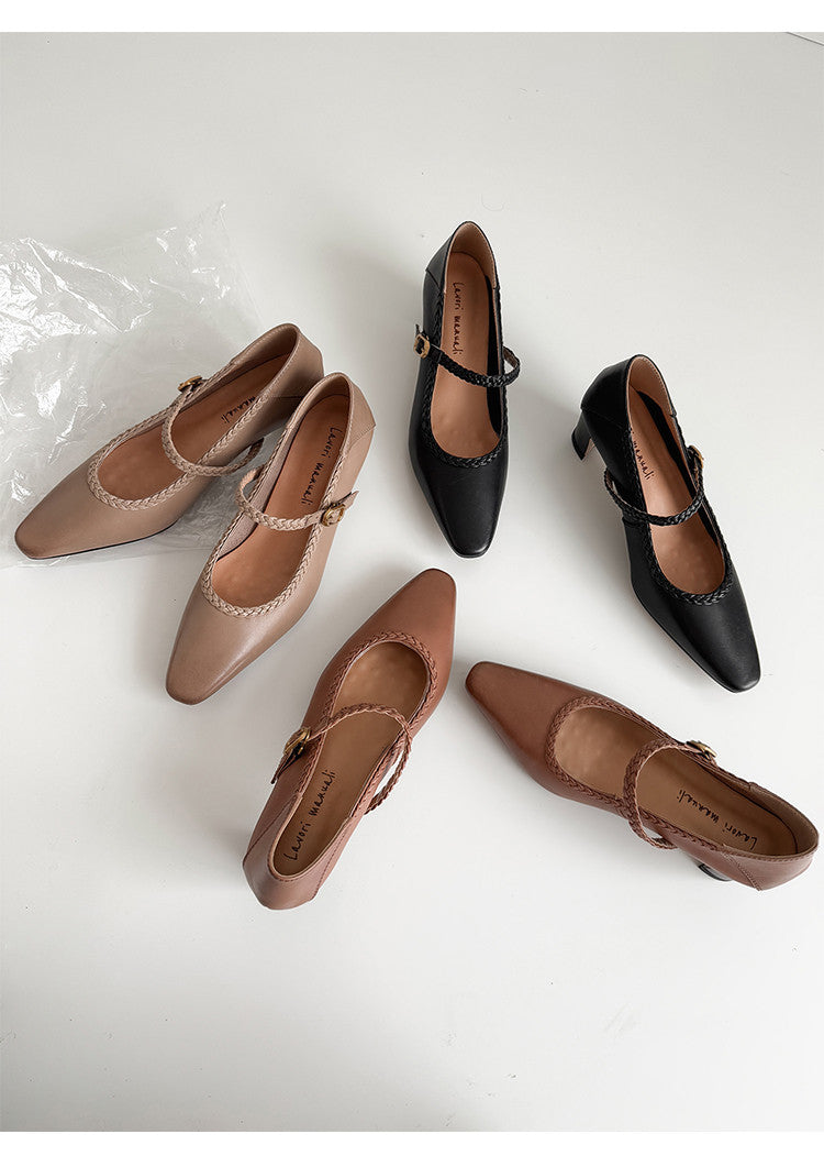Karin Luna Braided Element Design Chunky Heel Square Toe Single Strap Shoes