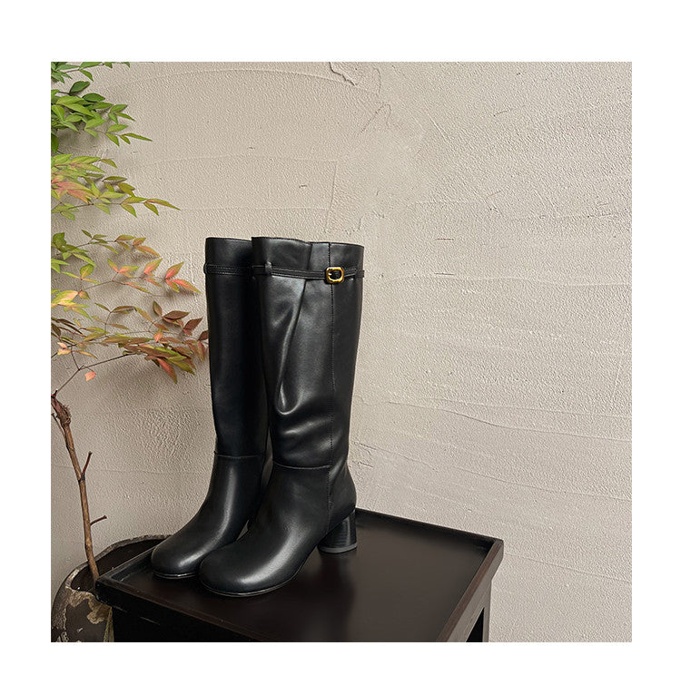 Karin Luna In Stock In Stock Mango Head Large Tube Belt Buckle Chunky Heel Long Boots
