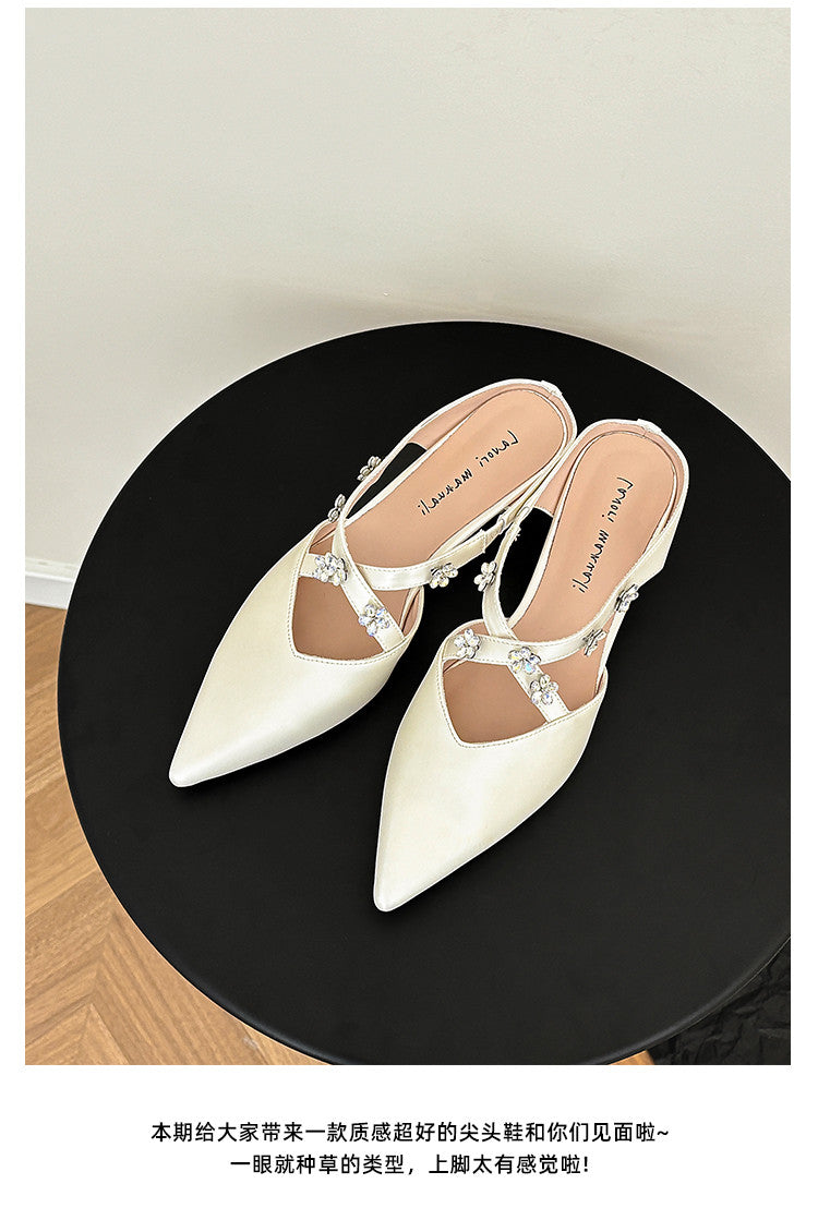 Karin Luna Elegant Pointed Toe Rhinestone Flower High Heel Mules