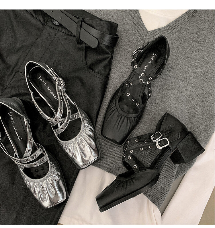 Karin Luna In Stock Spot Goods First Layer Sheepskin Cross Strap Rivet Square Toe Mary Jane Sandals