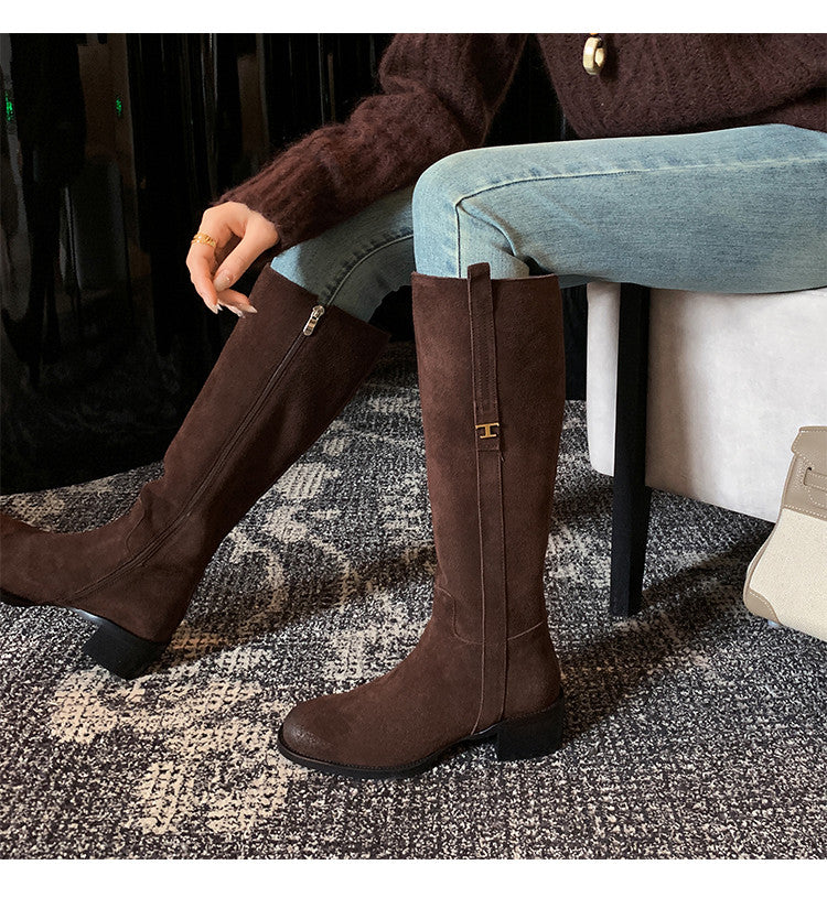 Karin Luna In Stock Spot Goods Basic Retro Square Toe Chunky Heel Riding Boots