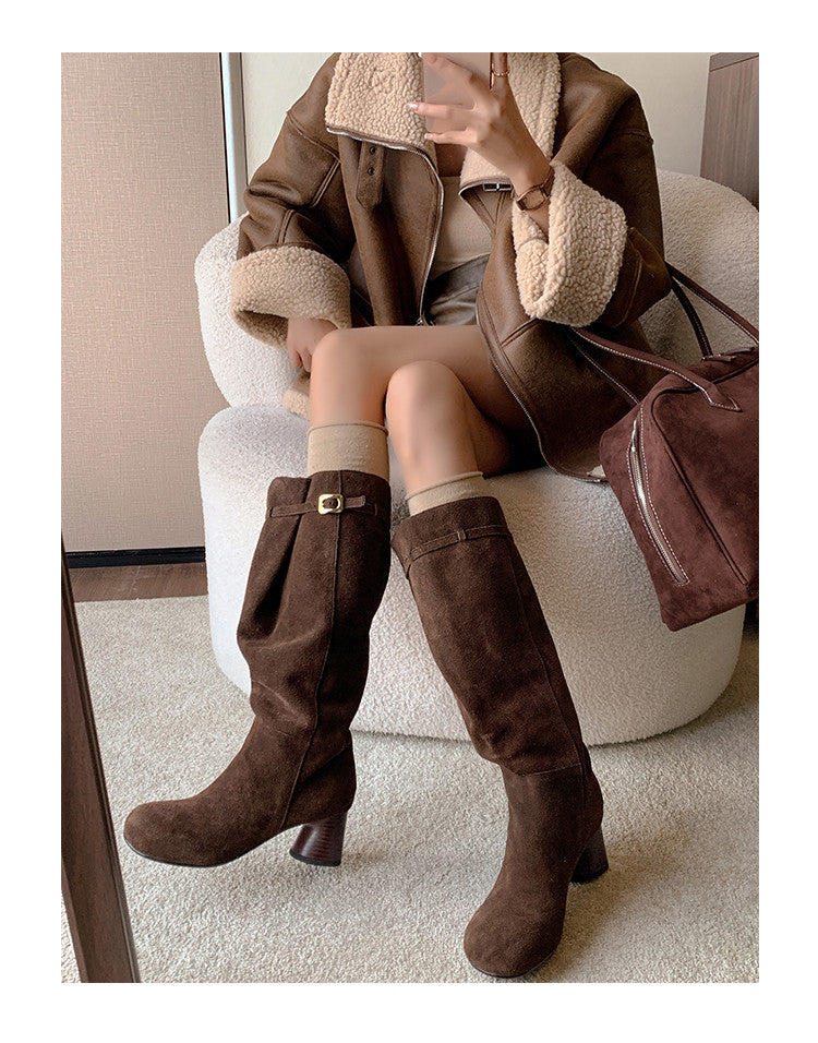 Karin Luna In Stock In Stock Mango Head Large Tube Belt Buckle Chunky Heel Long Boots