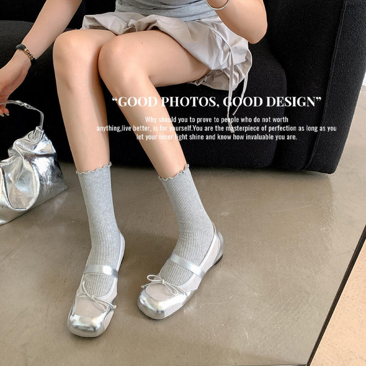 Karin Luna In Stock Spot Goods    Color Block Cowhide Leather Square Toe Slip-On Height Increasing Bowknot Flats