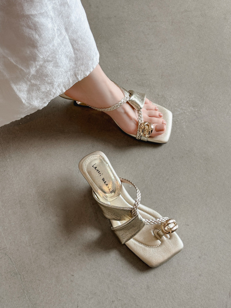 Karin Luna Braided Style ~Cross Strap Square Toe Irregular Heel Slippers
