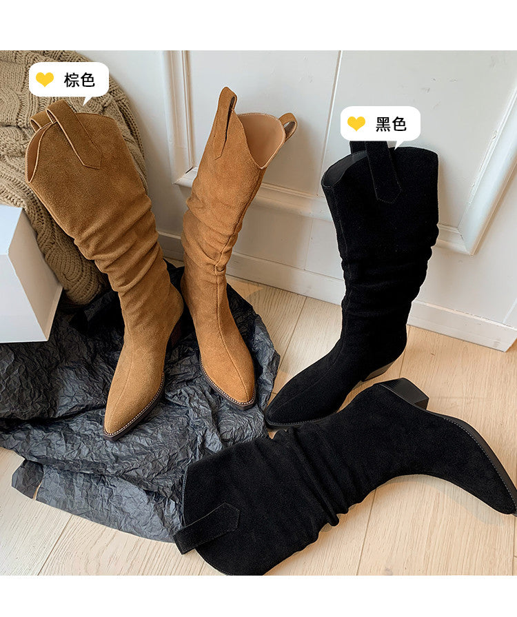 Karin Luna Elegant Style  Pointed Toe Wrinkled Wide Western Boots