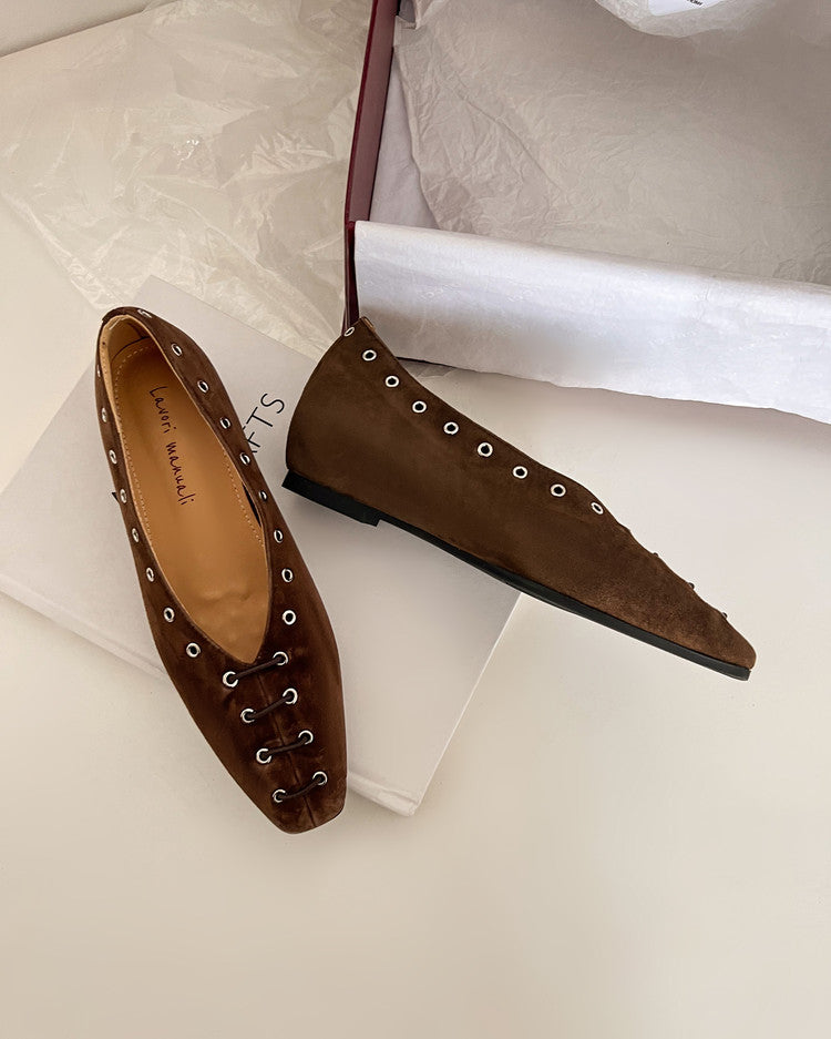 Karin Luna In Stock Spot Goods    Old Money Style Square Toe Suede Flats