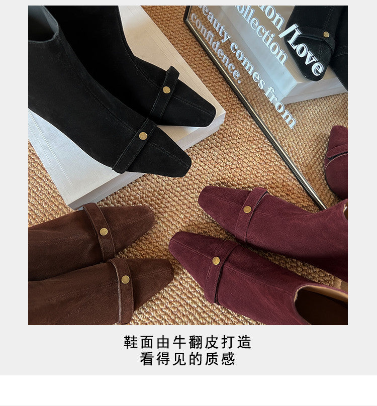 Karin Luna Elegant Style Small Square Toe Belt Buckle Thin Heel Short Boots