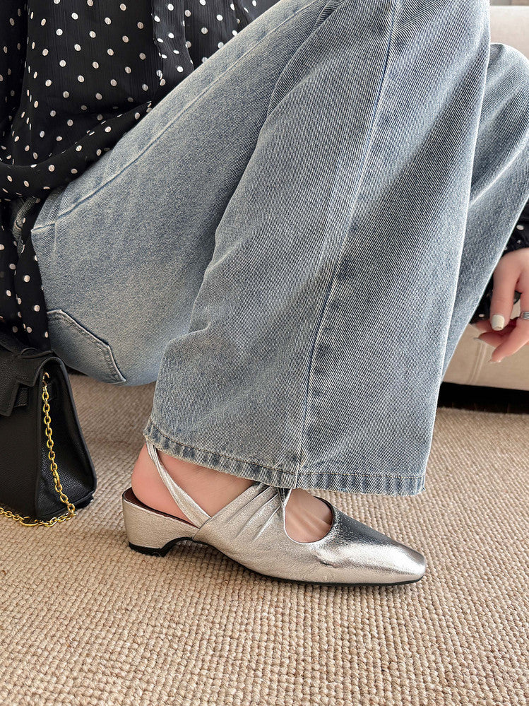 Karin Luna In Stock  Spot Goods Small Square Toe Wrinkled Chunky Heel Closed-Toe Sandals