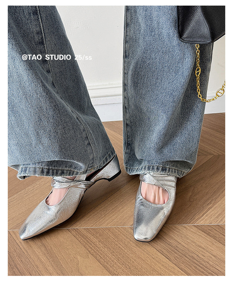Karin Luna In Stock  Spot Goods Small Square Toe Wrinkled Chunky Heel Closed-Toe Sandals