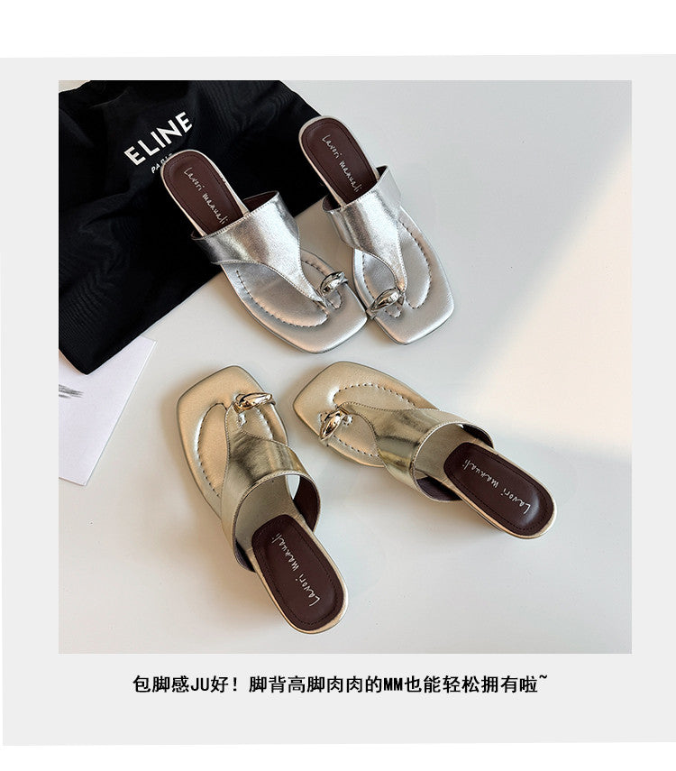 Karin Luna In Stock Spot Goods Clip-toe Square Toe Metal Buckle Minimalist Slippers