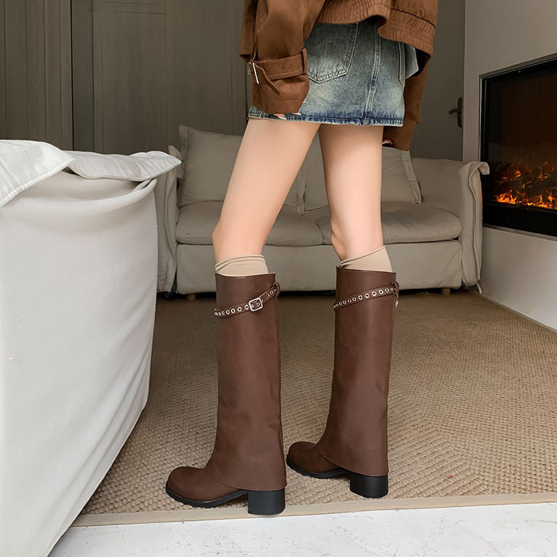 Karin Luna In Stock Spot Goods Belt Buckle Color-Washed Casual Thick-Soled Bootcut Pants Boots