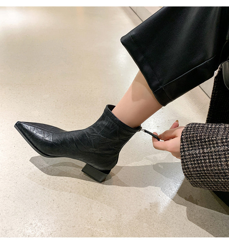Karin Luna Elegant Style Pointed Toe Chunky Heel Short Boots