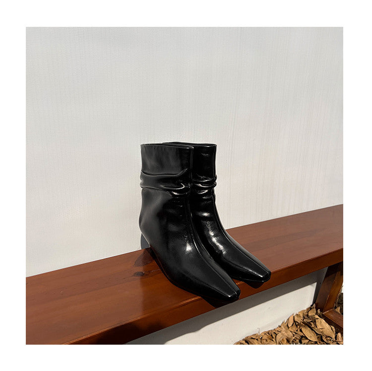 Karin Luna In Stock Spot Goods  Retro Wrinkled Small Square Toe Short Boots