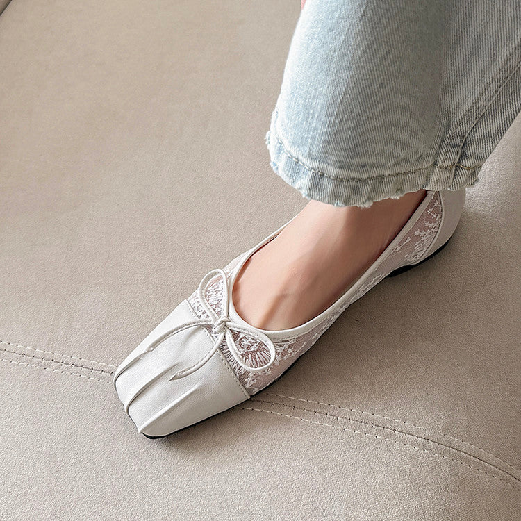 Karin Luna In Stock In Stock  Wrinkled Square Toe Patchwork Breathable Mesh Bow Granny Shoes