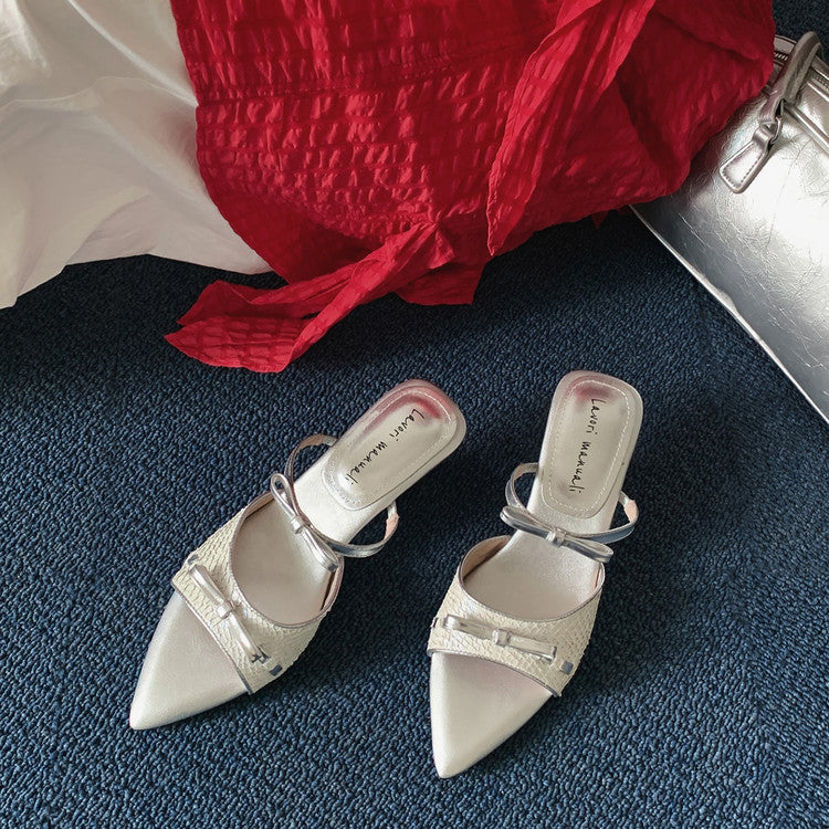 Karin Luna Fish Skin Series~Pointed Toe Irregular Heel Bowknot Strap Slippers