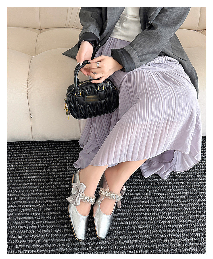 Karin Luna Handmade One-Strap Rhinestone Ribbon Square-Toe Mules