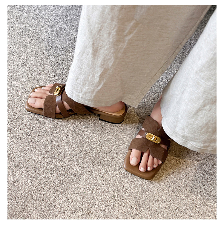 Karin Luna Comfortable Gold Buckle Square Toe Chunky Heel Casual Style Slippers