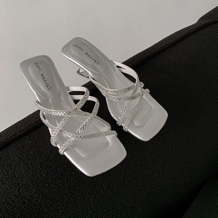 Karin Luna In Stock Spot Goods  Rhinestone Cross Strap Square Toe High Heel Slippers