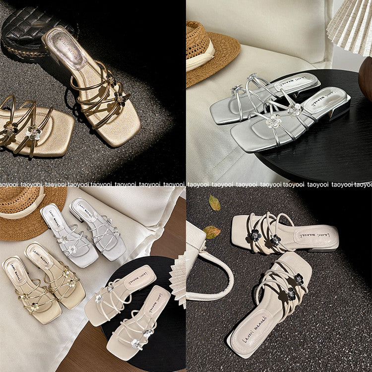 Karin Luna In Stock    Spot Goods    Square Toe One-Strap Sequin Flower Flat Slippers