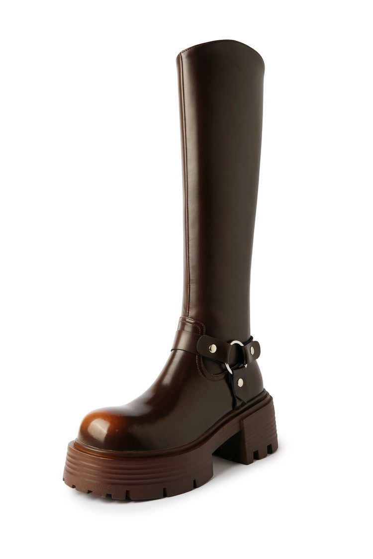 Karin Luna In Stock Spot Goods Round Toe Thick Sole Belt Buckle Straight Long Boots