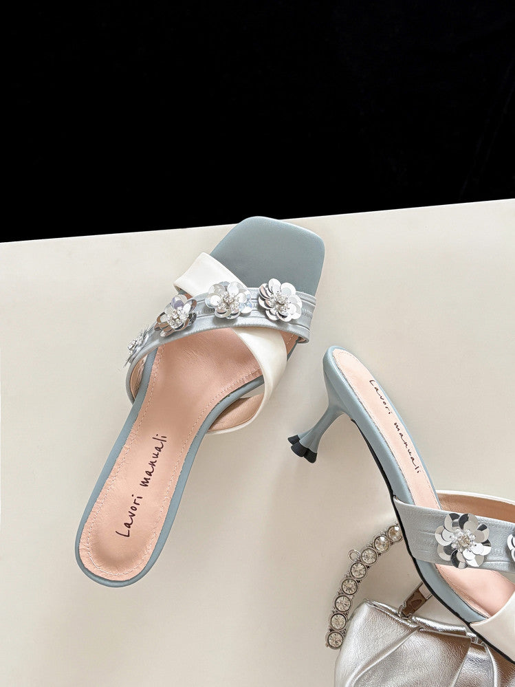 Karin Luna In Stock Spot Goods  Sequin Floral Cross Strap Square Toe Stiletto Slippers