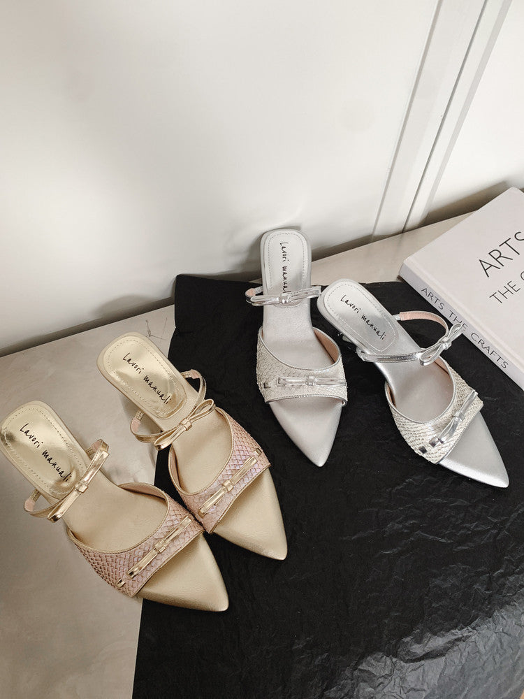 Karin Luna Fish Skin Series~Pointed Toe Irregular Heel Bowknot Strap Slippers