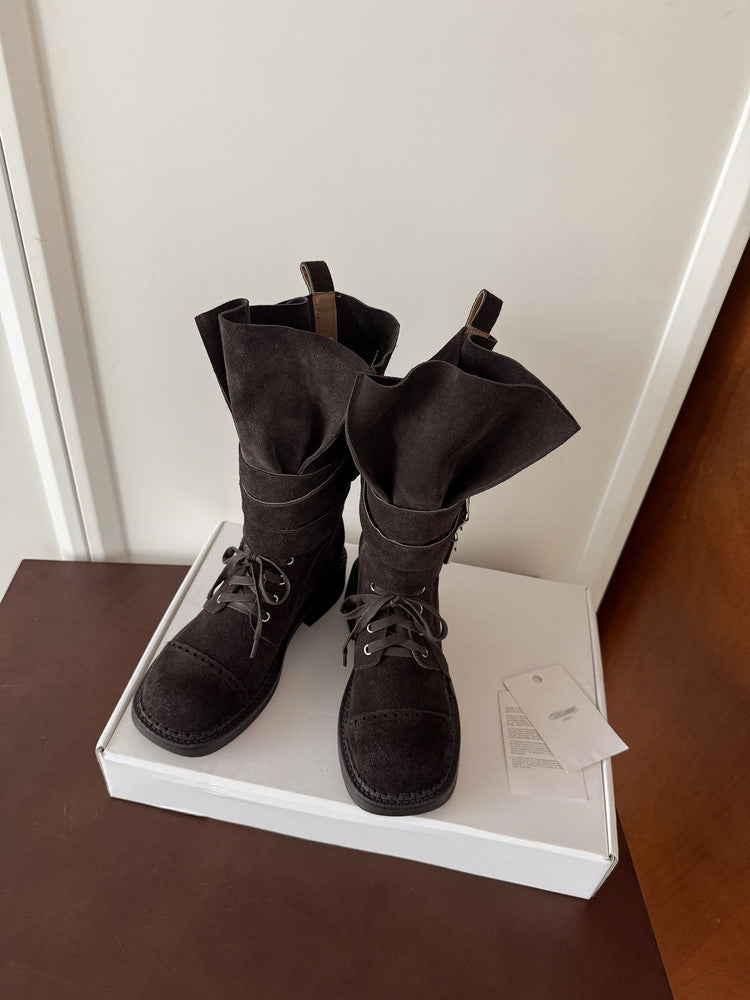Karin Luna Bestseller Hot-Selling Large Tube Leather Belt Buckle Round Toe Thick-Soled Short Boots