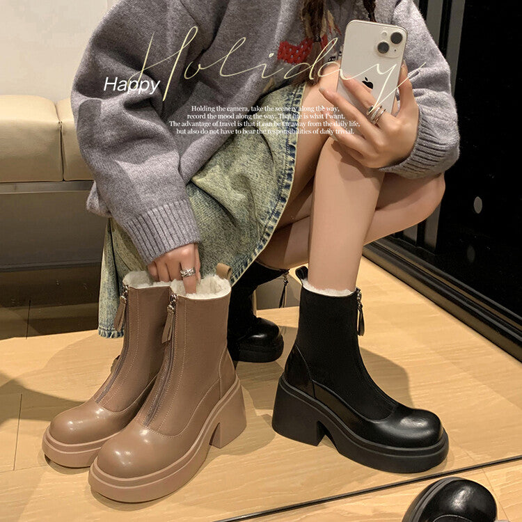 Karin Luna Basic Bestseller Timeless Thick Fur Lined Round Toe Thick Sole Cowhide Snow Boots