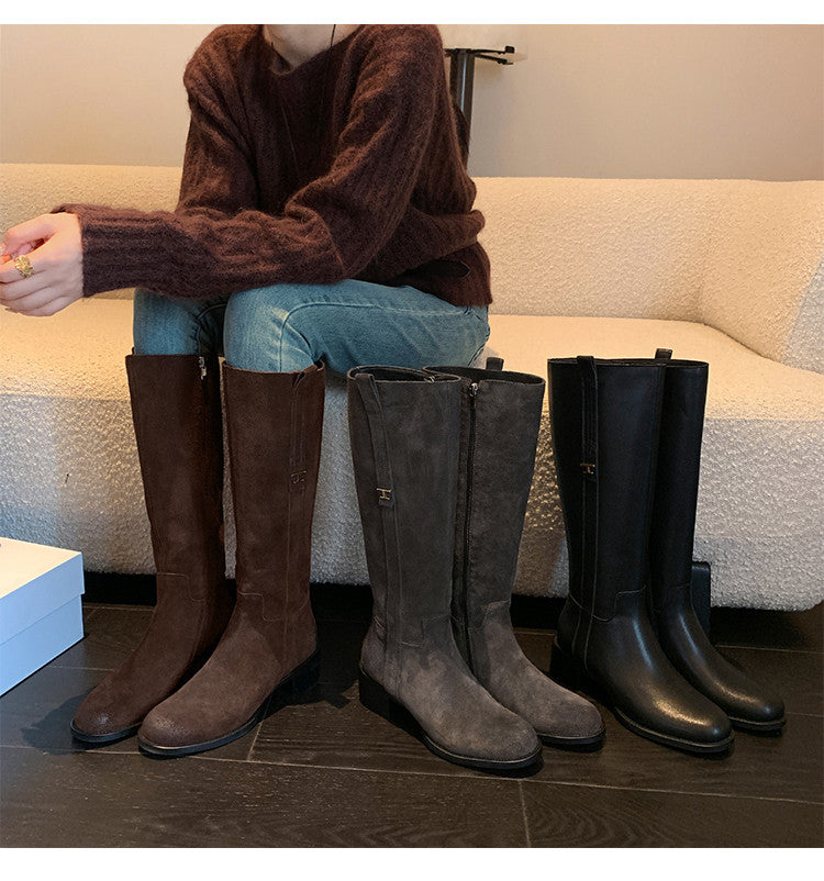 Karin Luna In Stock Spot Goods Basic Retro Square Toe Chunky Heel Riding Boots