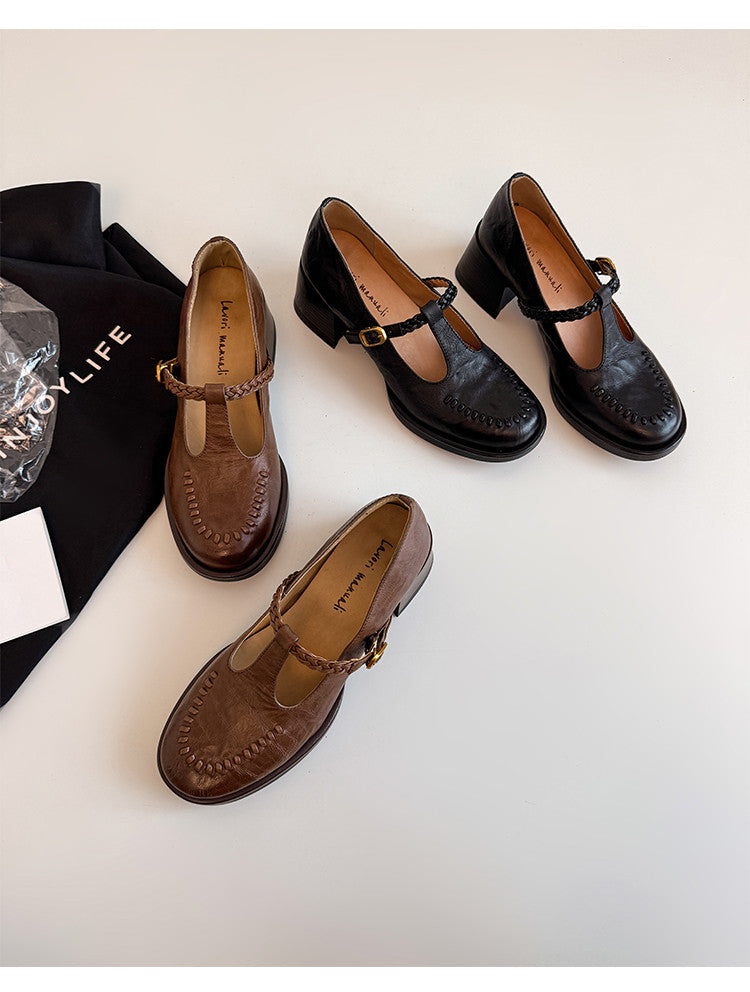 Karin Luna In Stock Spot Goods Vintage Braided Twist High Heels T Round Toe Thick Sole Single Shoes