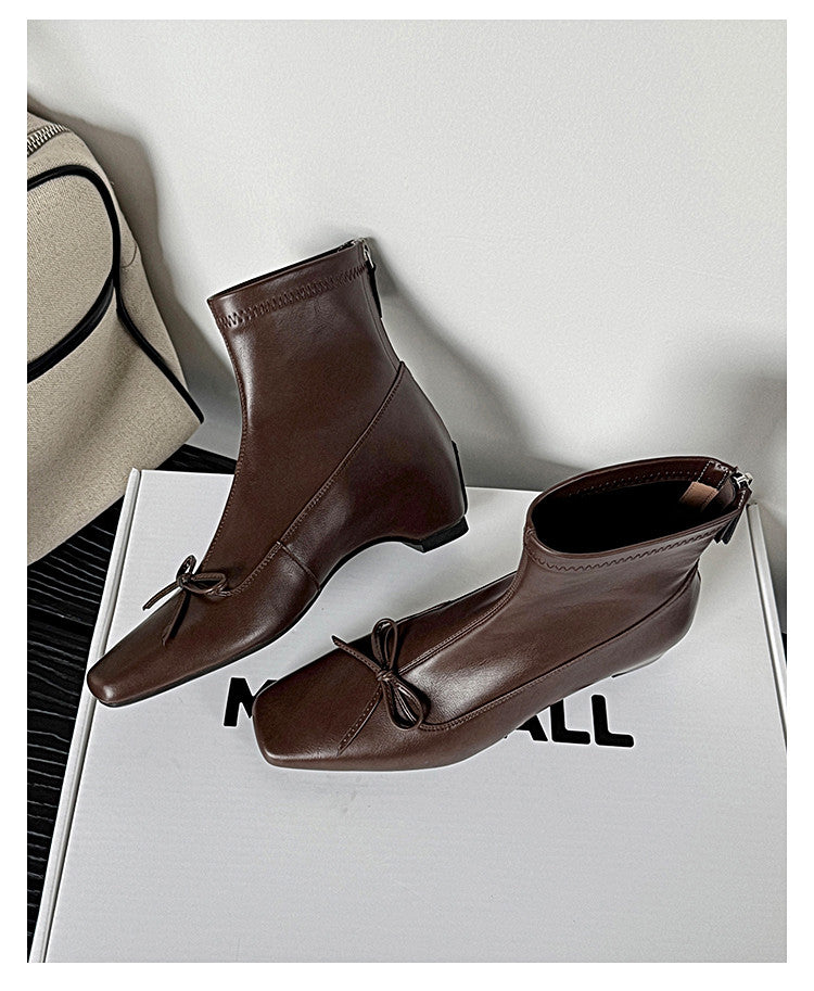 Karin Luna French Style Square Toe Bowknot Hidden Wedge Slim Boots