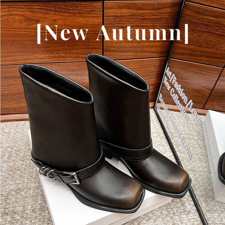 Karin Luna Elegant Style Square Toe Belt Buckle Pants Boot Short Boots