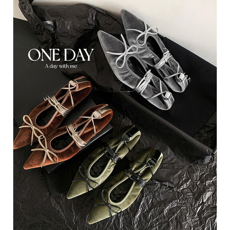 Karin Luna In Stock In Stock Retro Velvet Pointed Toe Bowknot Single Shoes