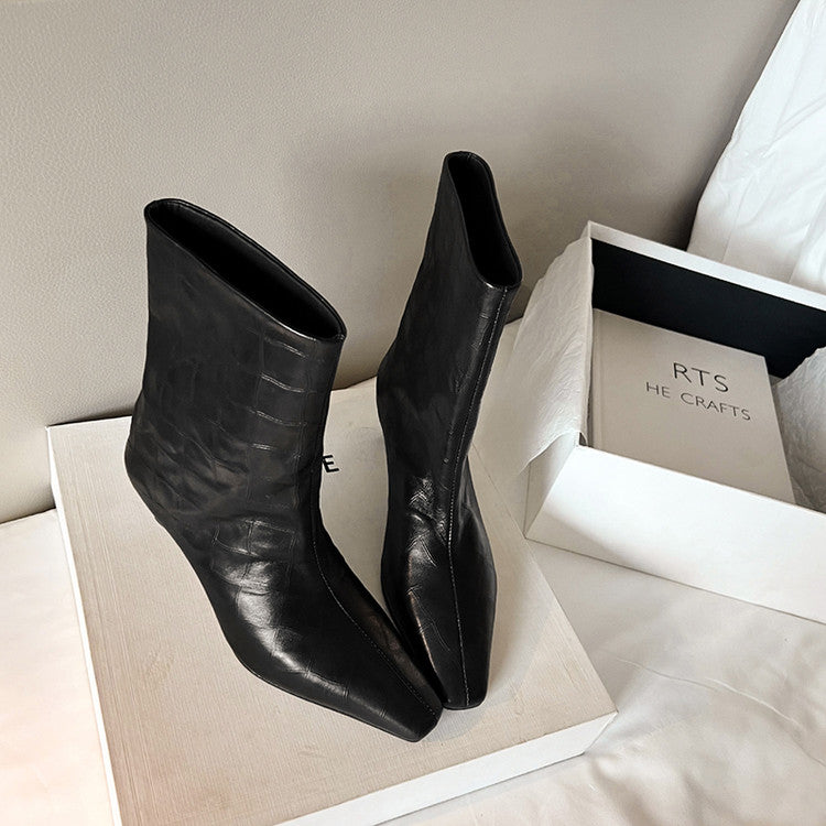Karin Luna In Stock Spot Goods Top Layer Stone Pattern Cowhide Textured Small Square Toe Straight Short Boots