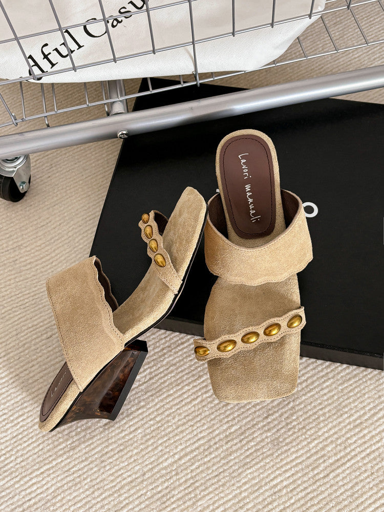 Karin Luna Hot-Selling Element Amber Heel~Spot Goods Spot Goods  Vacation Style One-Strap Amber Irregular Heel Slippers