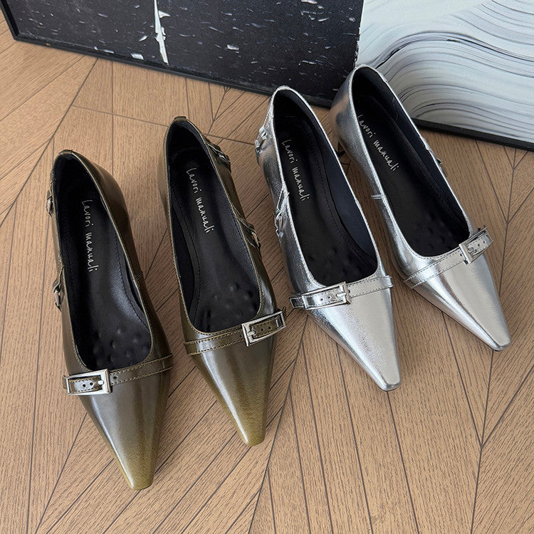 Karin Luna In Stock In Stock Retro Belt Buckle Small Square Toe Chunky Heel Single Shoes