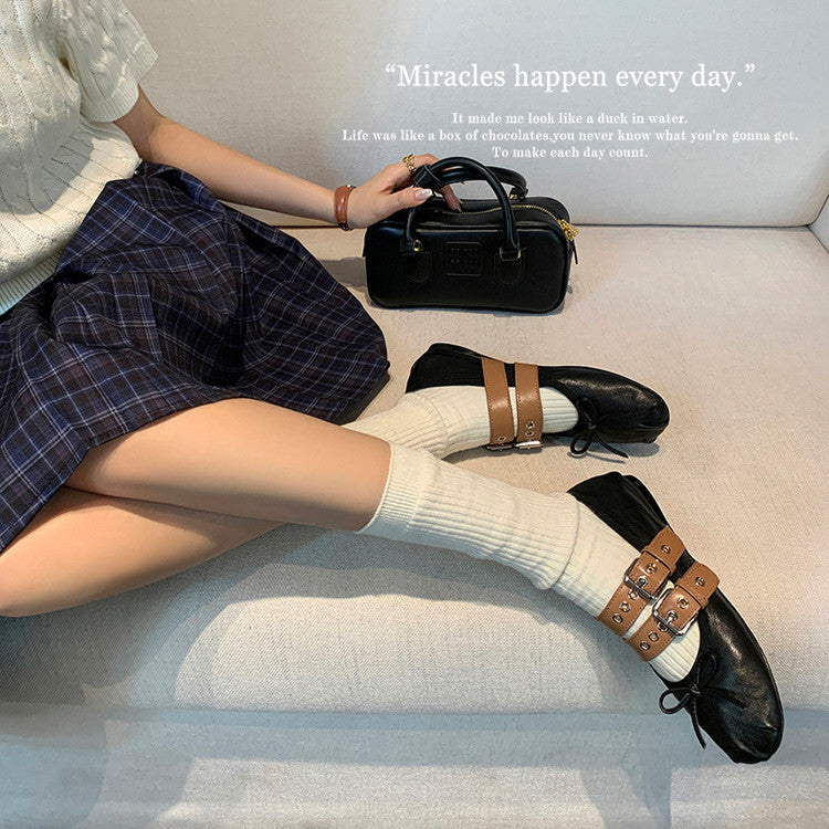 Karin Luna In Stock Spot Goods Minimalist Retro Round Toe Mary Jane Bowknot Height-Increasing Flats