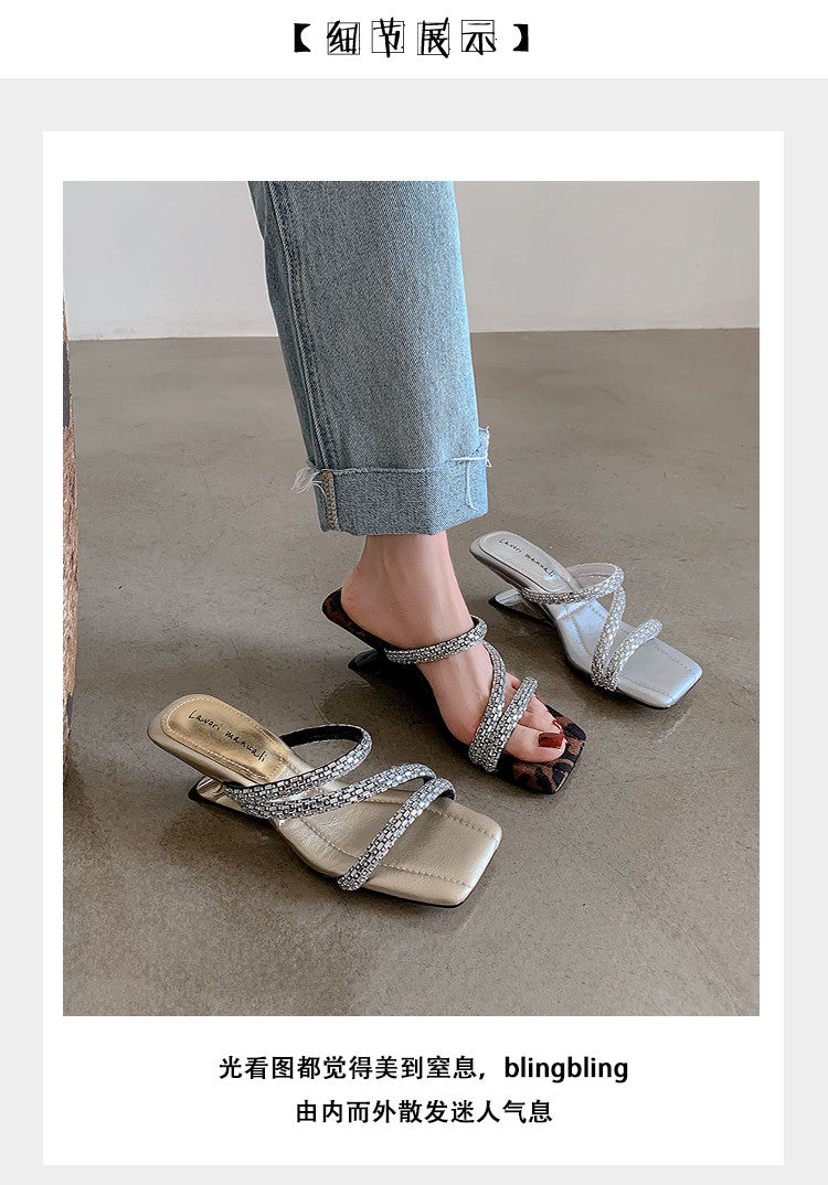 Karin Luna In Stock Spot Goods  Rhinestone One-Strap Irregular Heel Square-Toe Slippers