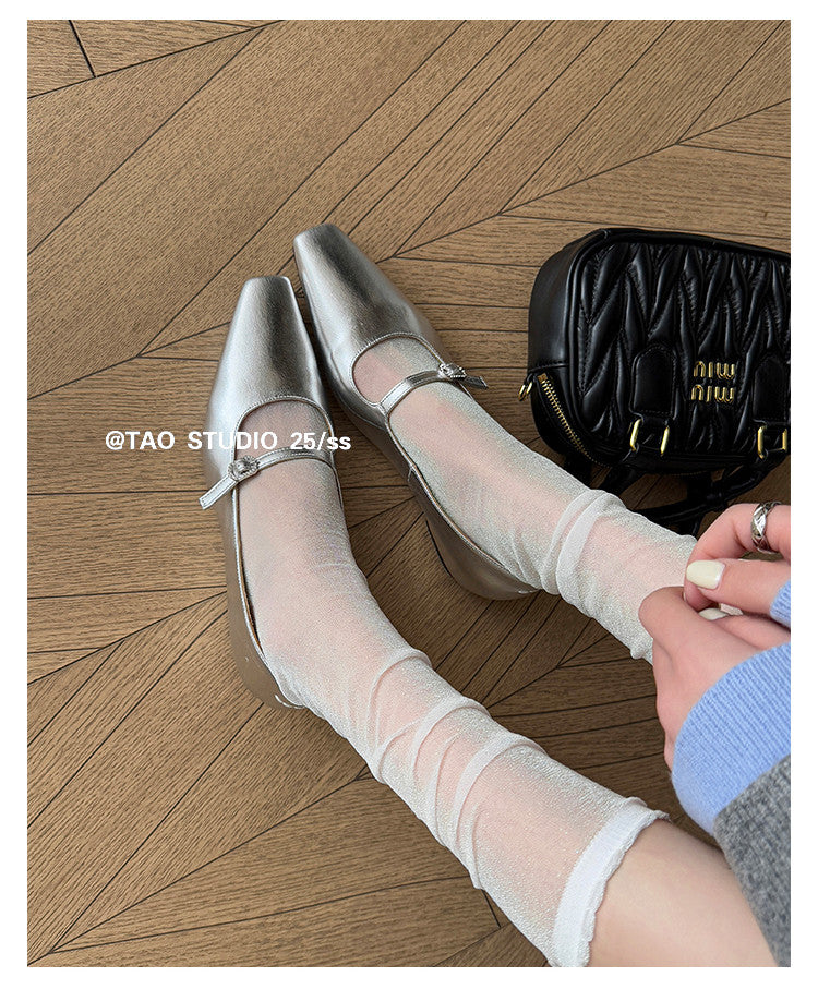 Karin Luna In Stock Spot Goods  Elegant Square-Toe One-Strap Height-Increasing Flats