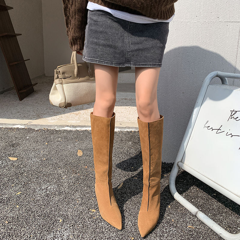 Karin Luna In Stock Spot Goods Retro Cowhide Pointed Toe Stiletto Elegant Long Boots