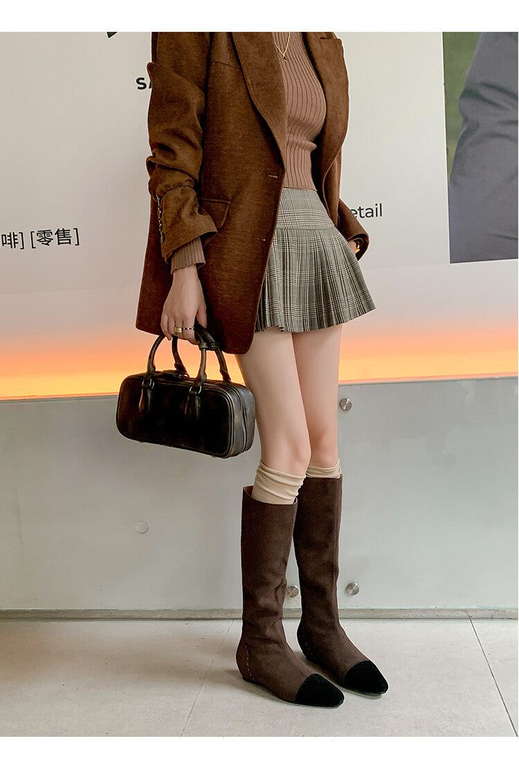 Karin Luna In Stock Spot Goods TikTok Live Hot Item Full Cowhide Leather Pointed Toe Retro Wedge Heel Stacked Boots