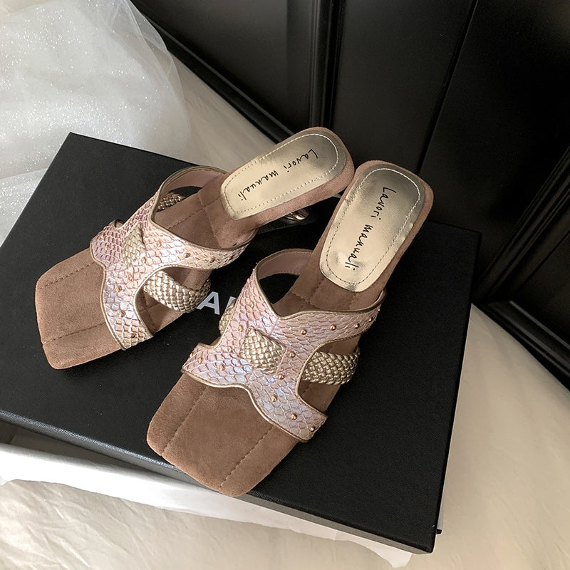 Karin Luna Fish Skin Series~ Hot-selling Square-Toe Slippers with Built-in Traffic
