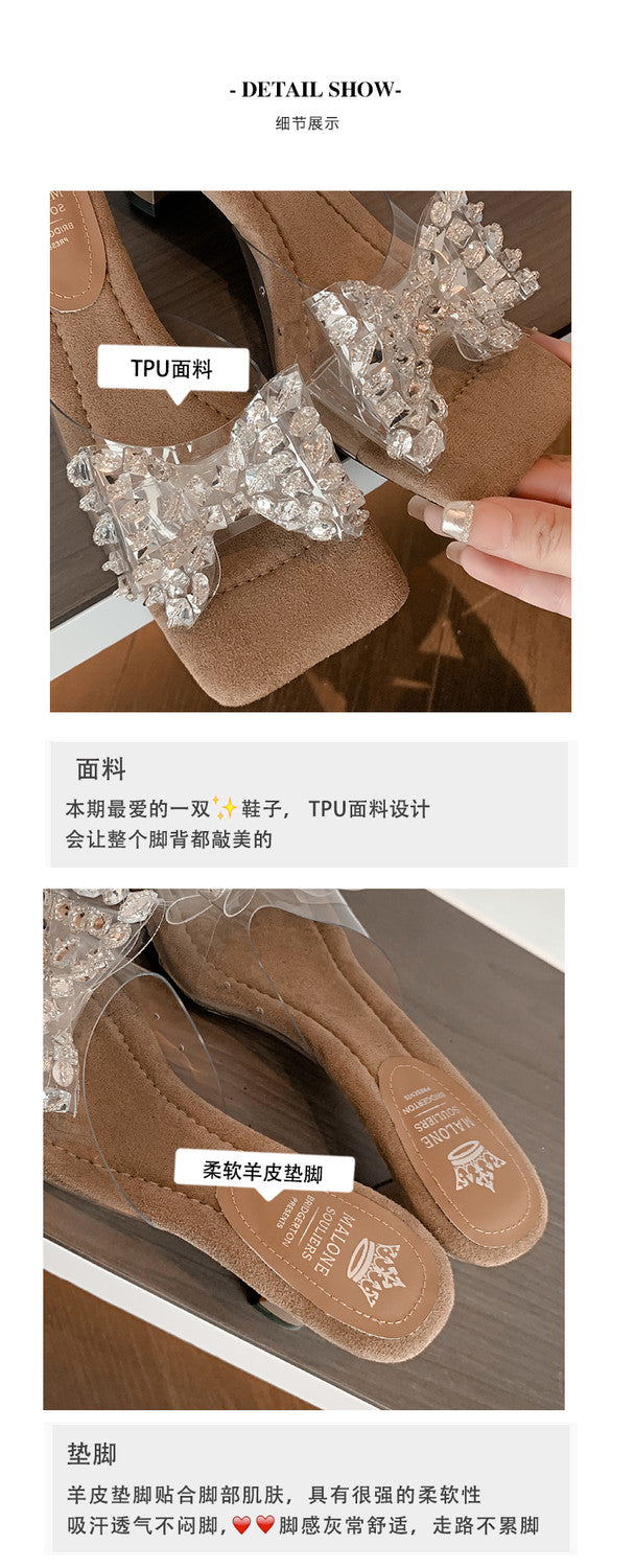Karin Luna In Stock In Stock Transparent Bow Square Toe Suede Open Toe Sandals