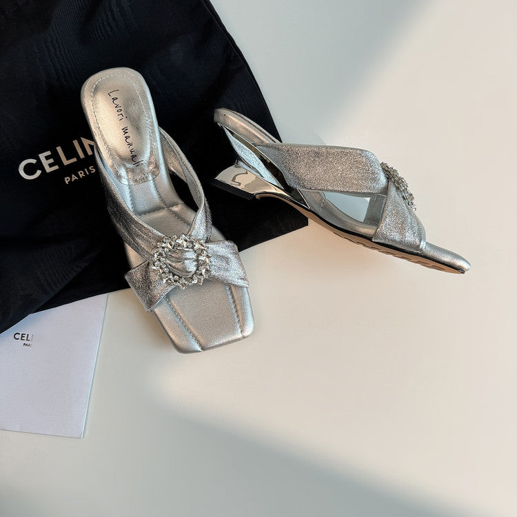 Karin Luna In Stock In Stock Elegant Square-Toe Cross-Strap Rhinestone Square-Toe Slippers