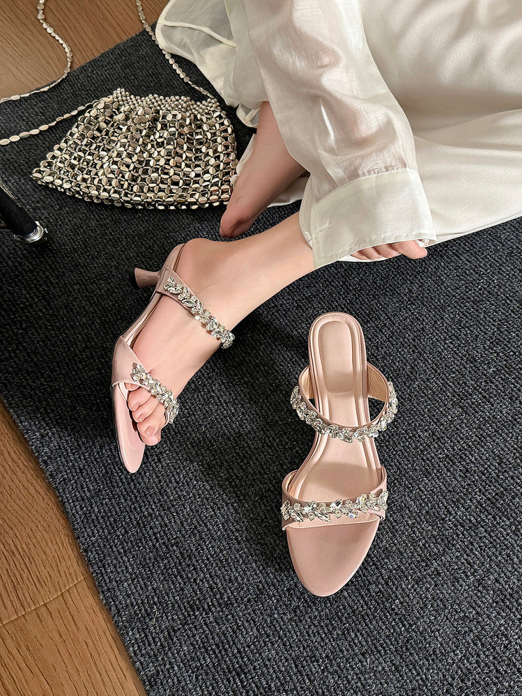 Karin Luna Exquisite Round Toe One-Strap Rhinestone Thin Heel Slippers